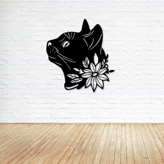 Floral Whiskers: Flower and Cat Metal Art