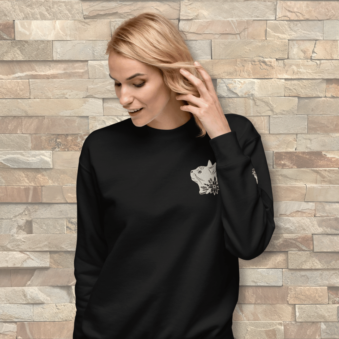 Whiskers in Blossom: Cat & Flower Premium Embroidered Sweatshirt