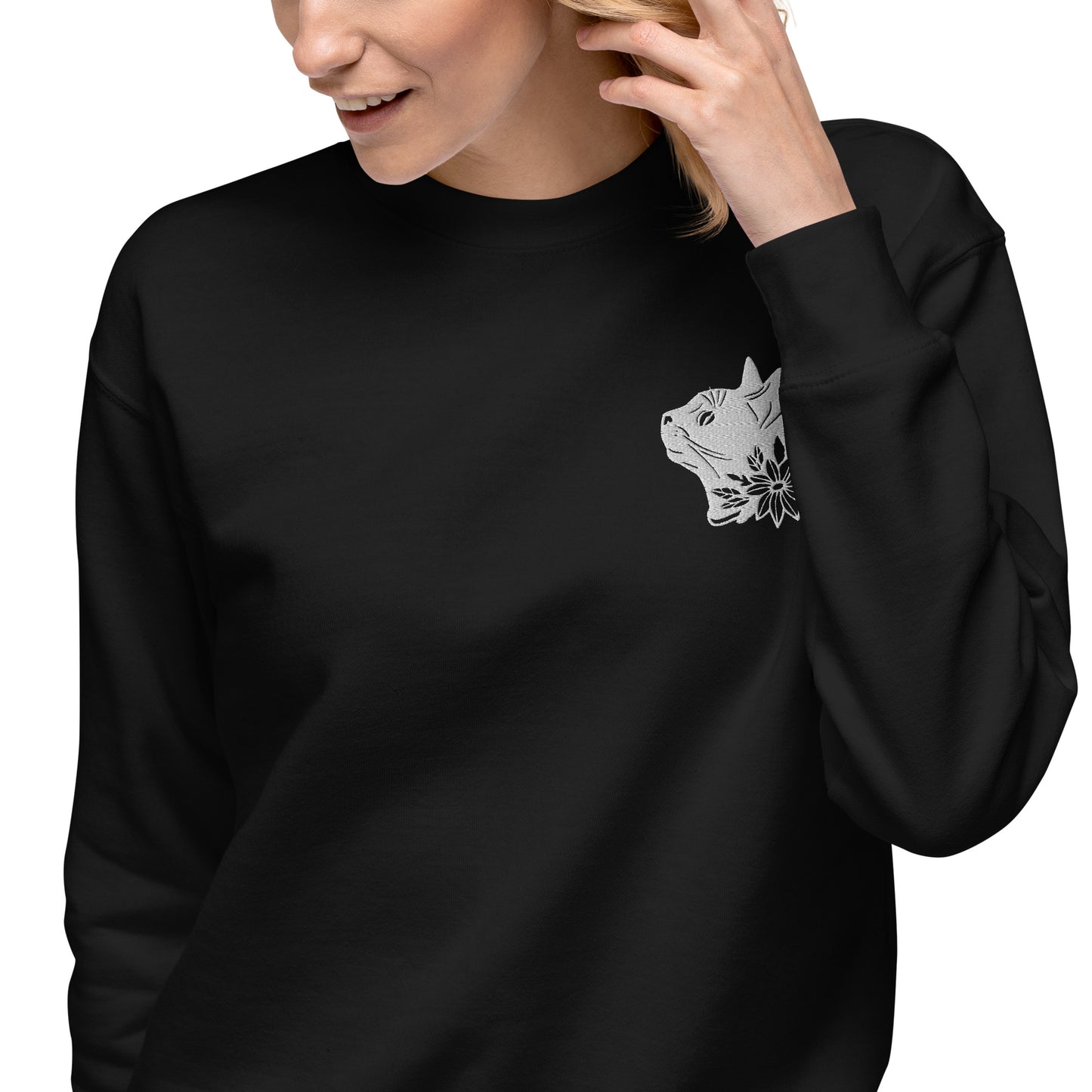 Whiskers in Blossom: Cat & Flower Premium Embroidered Sweatshirt