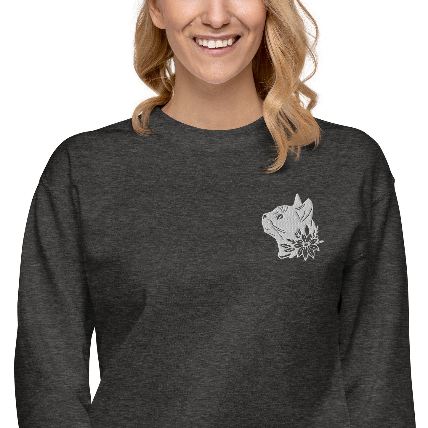 Whiskers in Blossom: Cat & Flower Premium Embroidered Sweatshirt