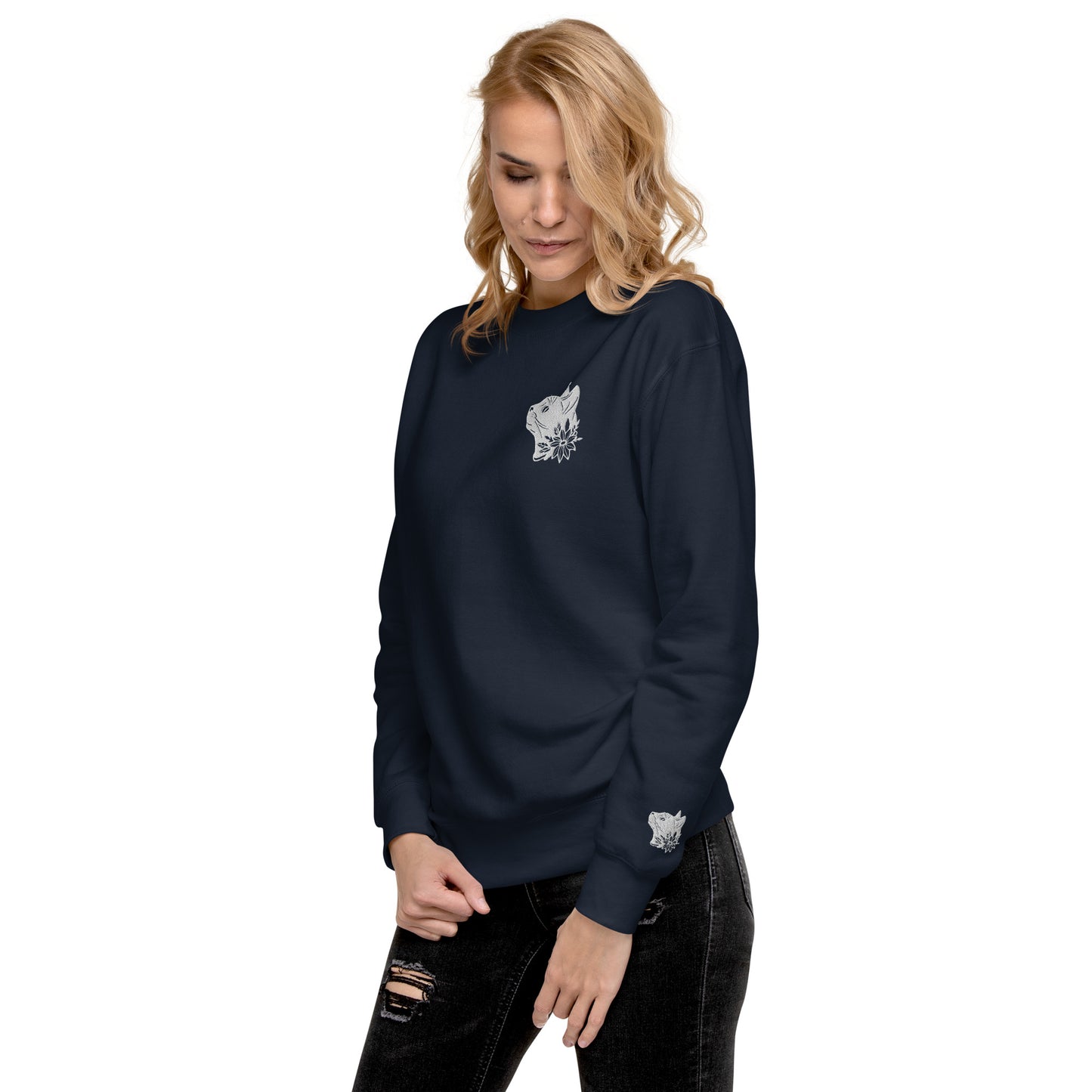 Whiskers in Blossom: Cat & Flower Premium Embroidered Sweatshirt