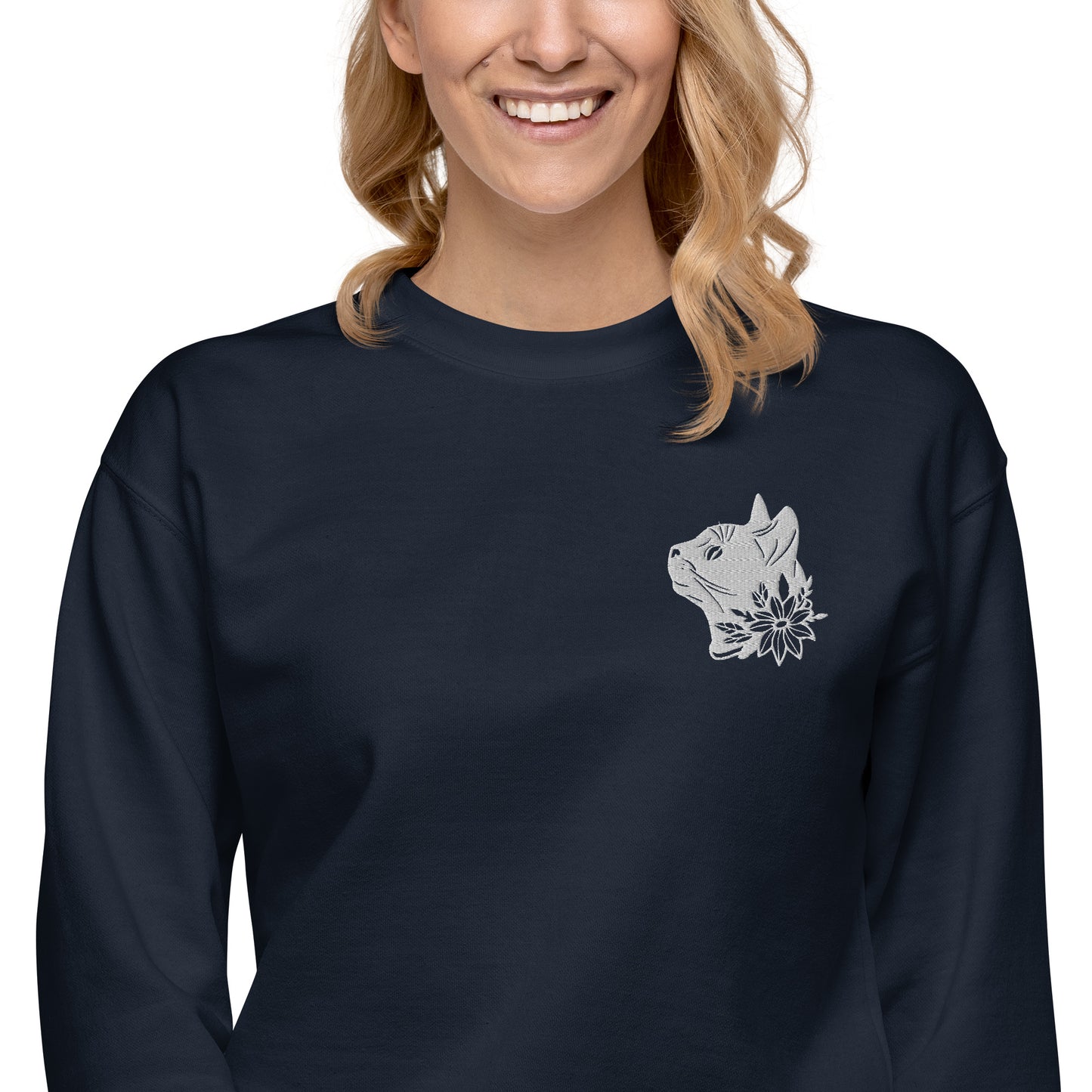 Whiskers in Blossom: Cat & Flower Premium Embroidered Sweatshirt