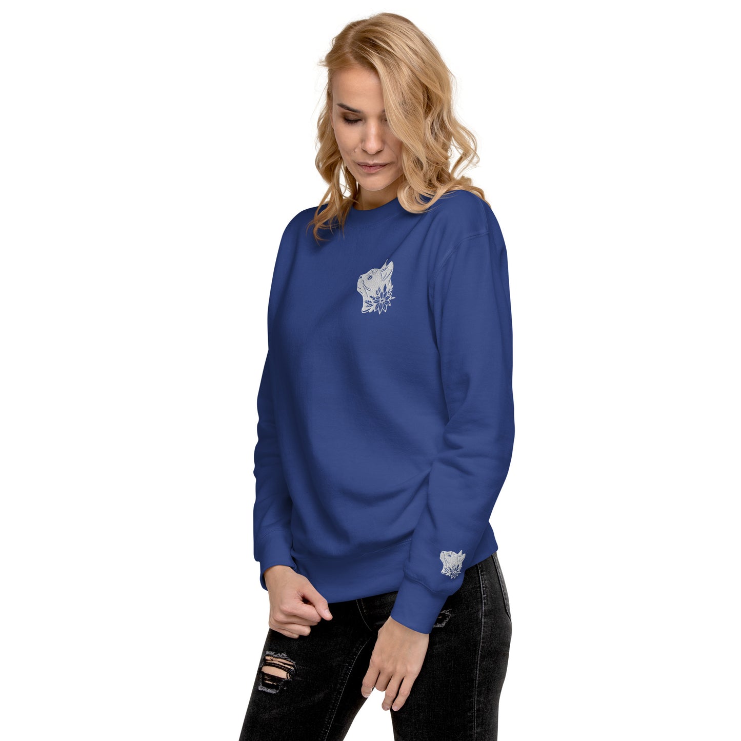 Whiskers in Blossom: Cat & Flower Premium Embroidered Sweatshirt